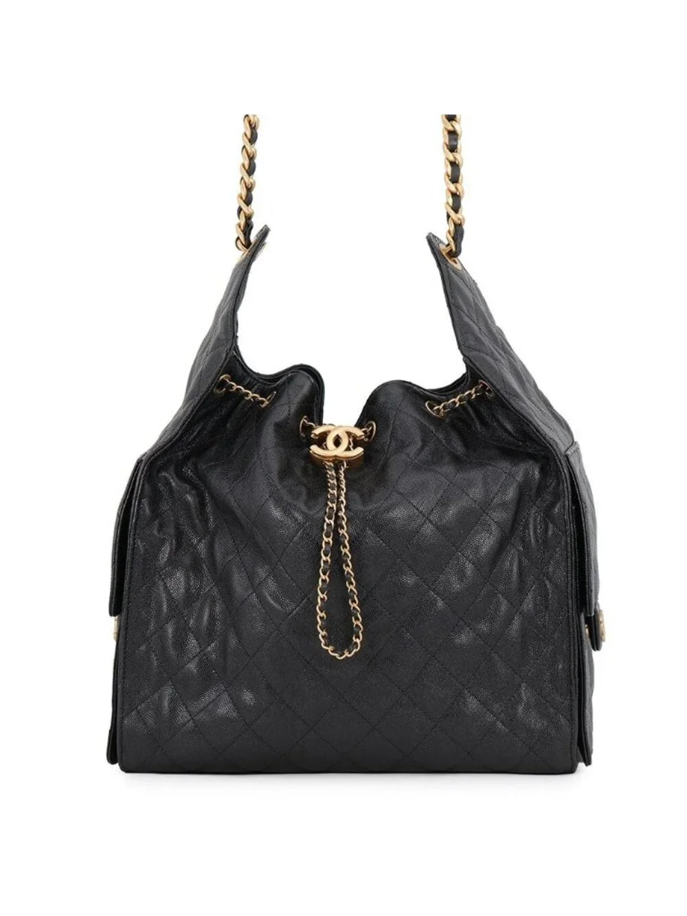Chanel Chain Shoulder Bag 25 CC Logo Quilted Caviar Leather Black